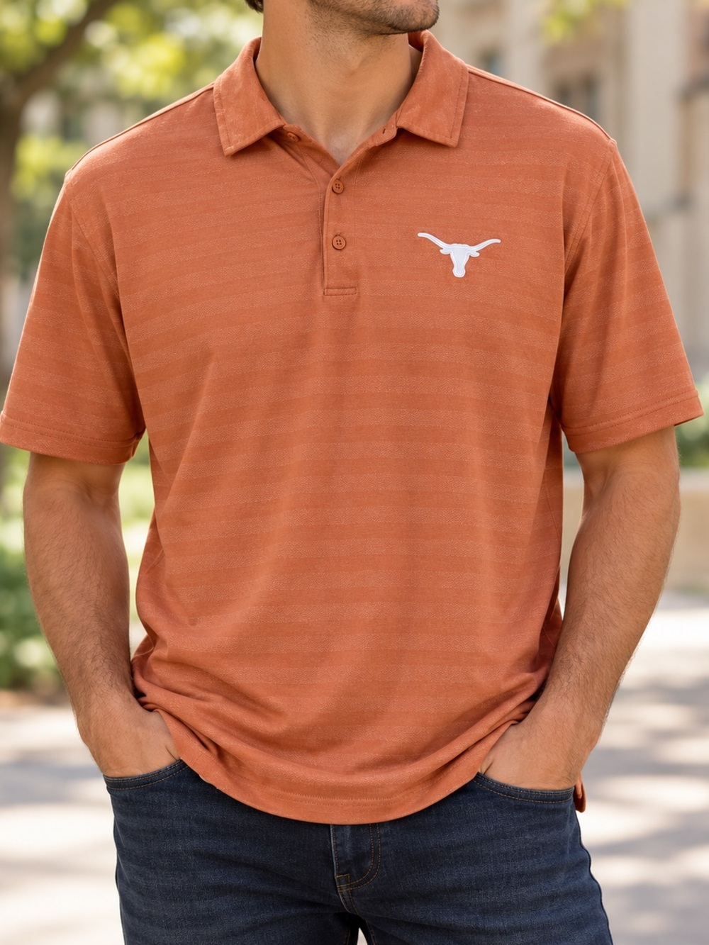 Antigua Texas Longhorns Burnt Orange Striped Polo Shirt, XL